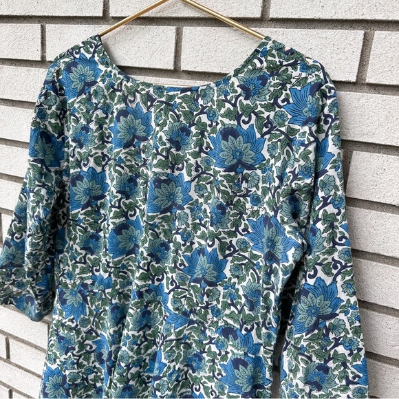 Rivaaj Blue Green Block Print Jacobean Floral Cotton Boho Cottagecore Midi Dress - Picture 6 of 8